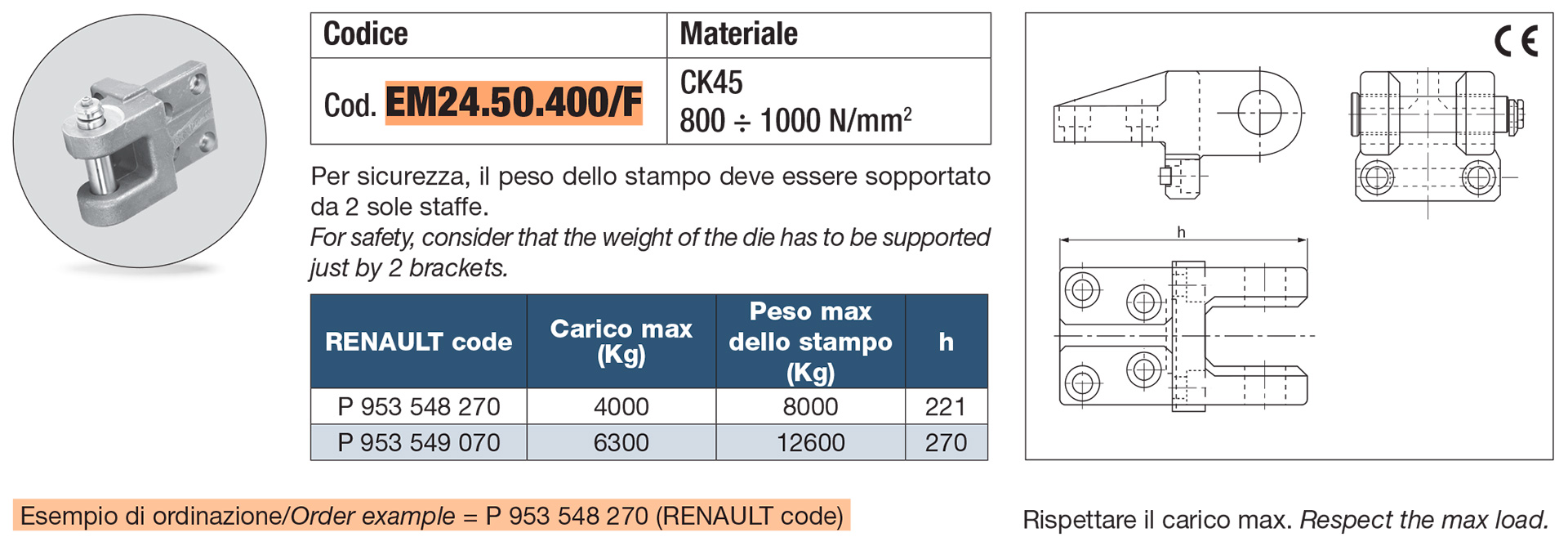 Staffa di sollevamento completa di perno e chiavette
