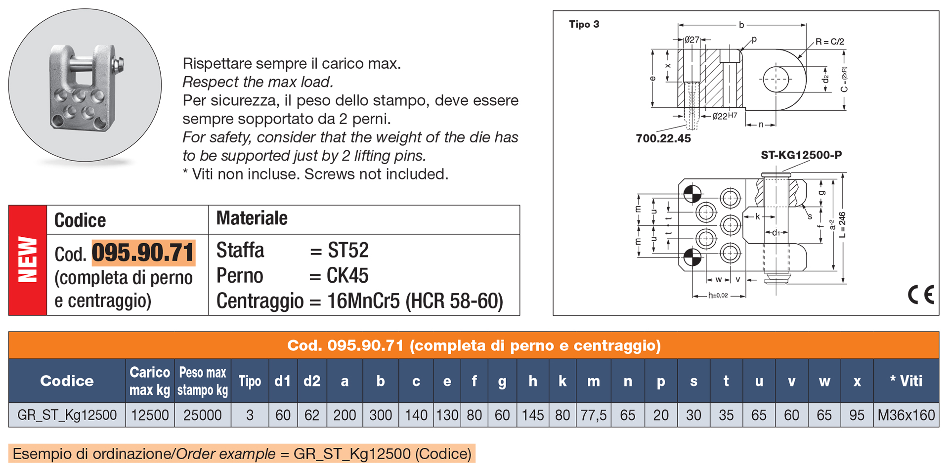 Staffa di sollevamento completa di perno e centraggio