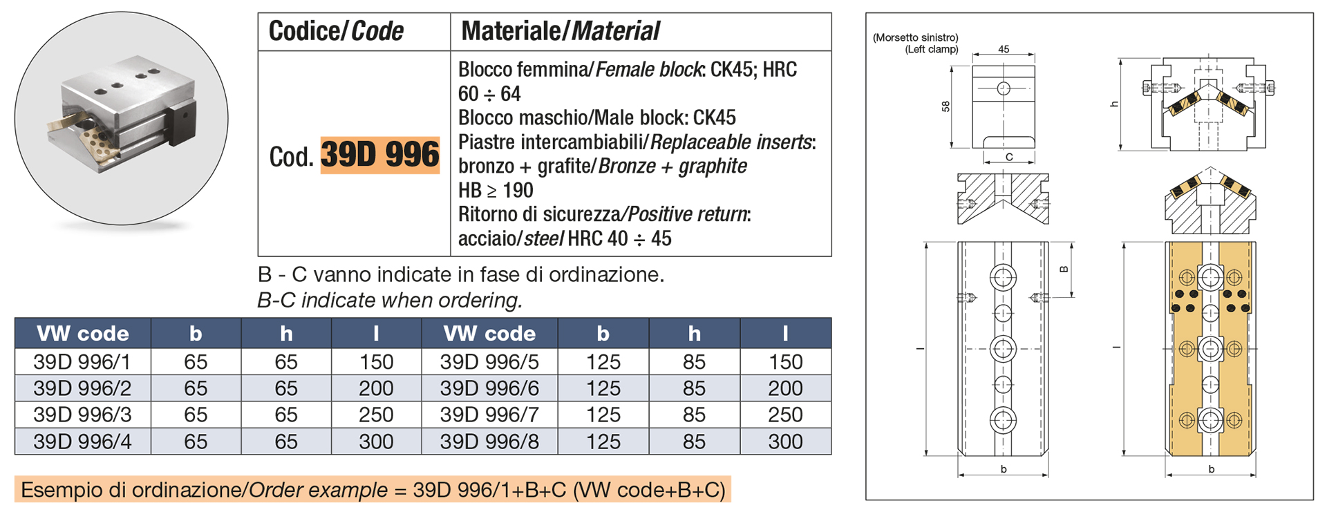 Guida a V con piastre di scorrimento intercambiabili e ritorno di sicurezza